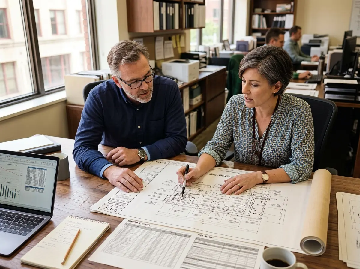 Broker and client reviewing industrial equipment specifications during a negotiation